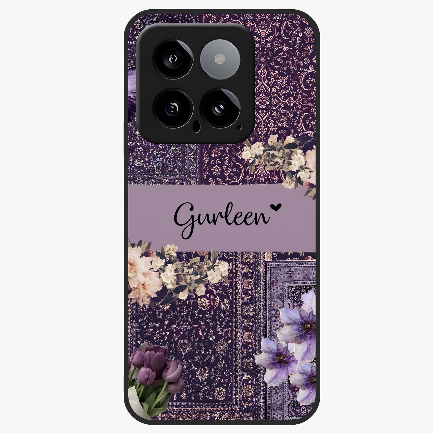 Antique Floral Whisper Custom Name Glass Case showing flat back view with vintage floral artwork and personalized name design.