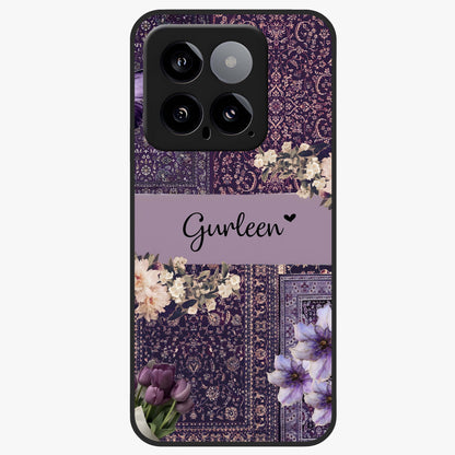 Antique Floral Whisper Custom Name Glass Case showing flat back view with vintage floral artwork and personalized name design.