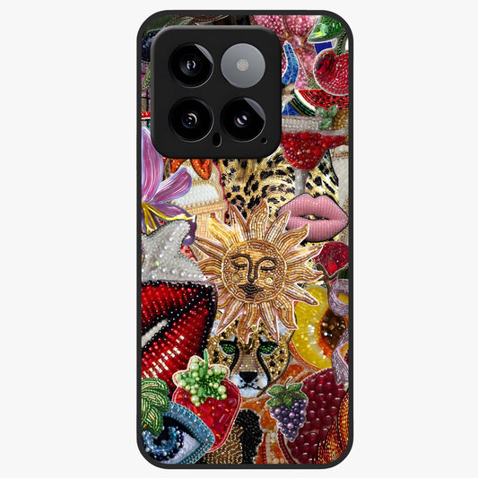 Beaded Fashion Jungle Glass Case showing flat back view with vibrant jungle inspired bead artwork and glossy glass finish.