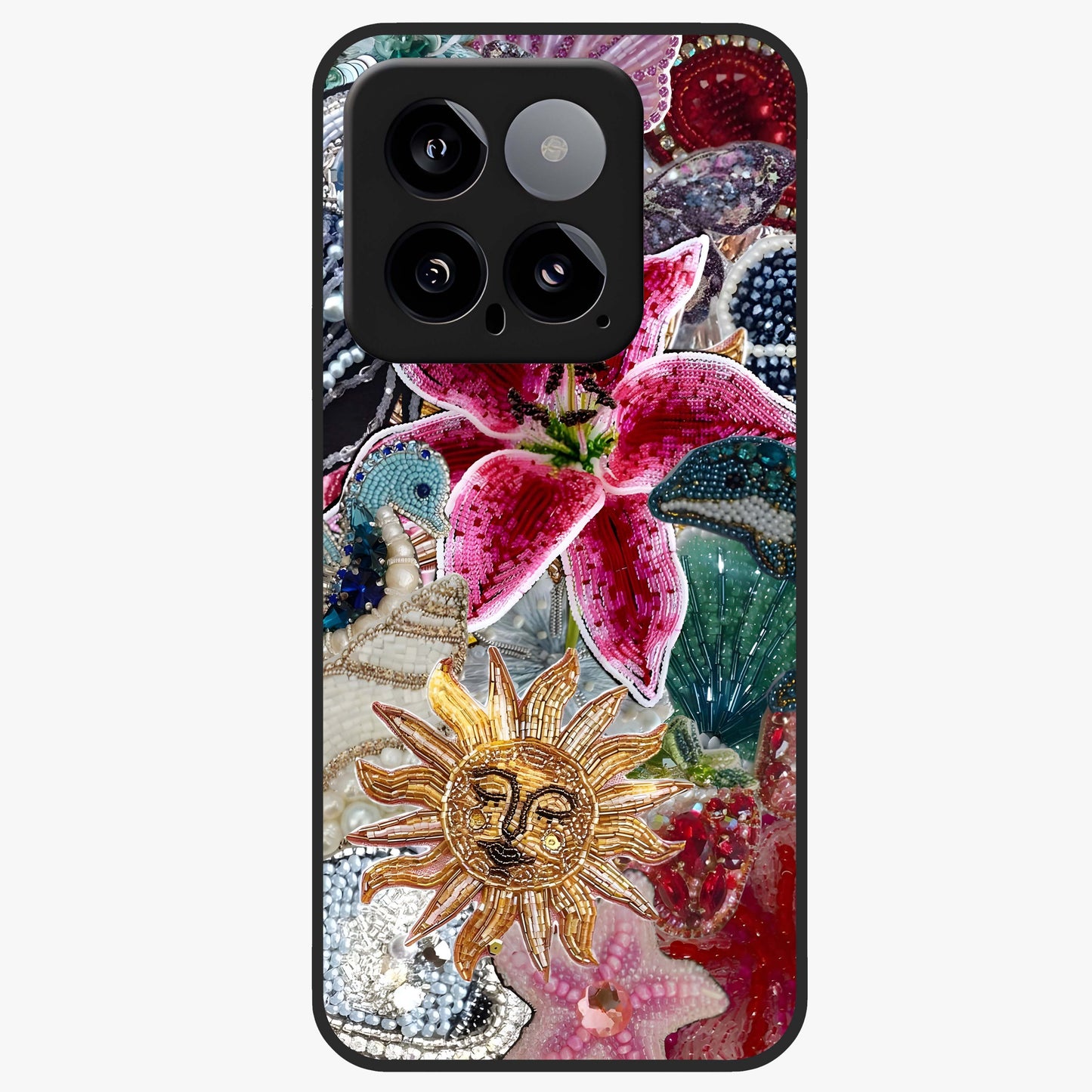 Beaded Garden Fantasy Glass Case showing flat back view with dreamy garden bead artwork and glossy glass finish.