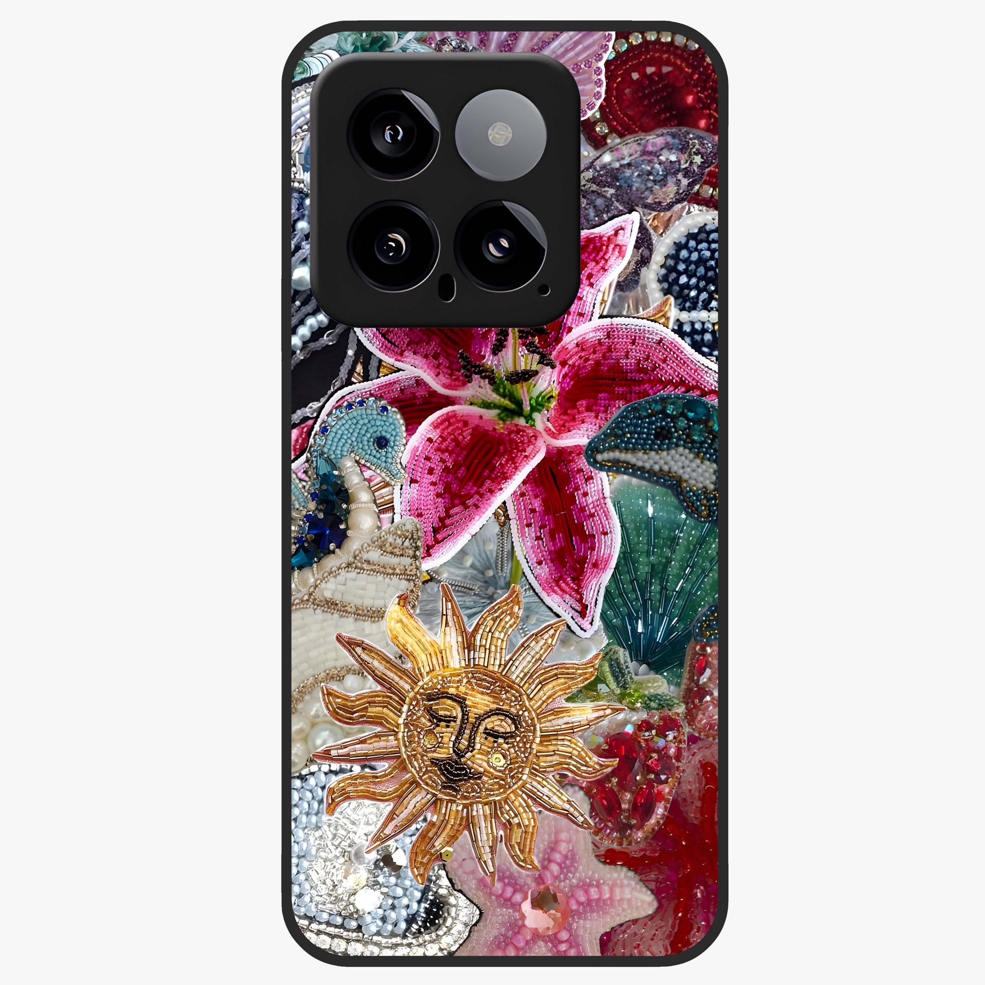 Beaded Garden Fantasy Glass Case showing flat back view with dreamy garden bead artwork and glossy glass finish.