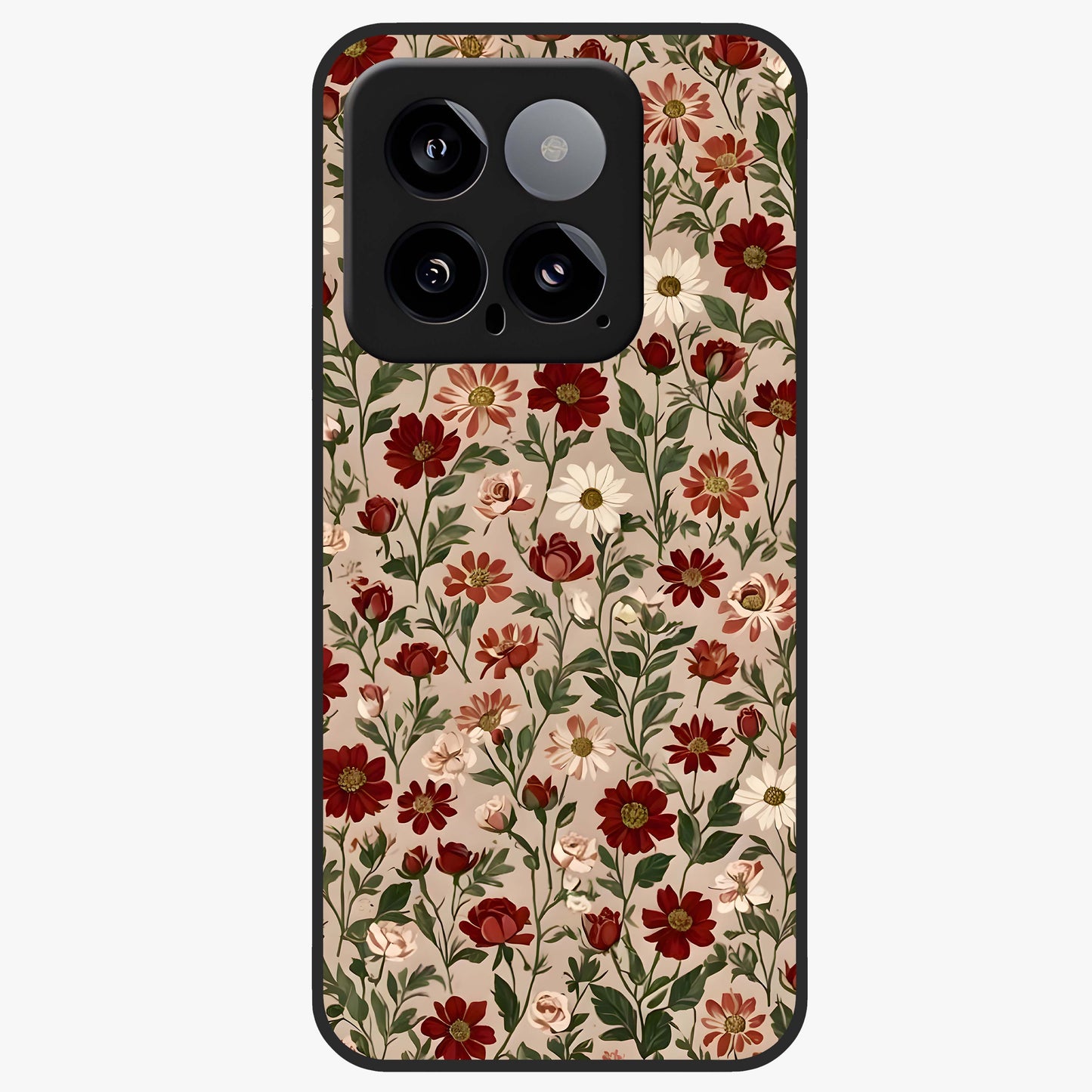 Biege Flower With Leaf Glass Case showing flat back view with soft beige floral artwork and glossy glass finish.