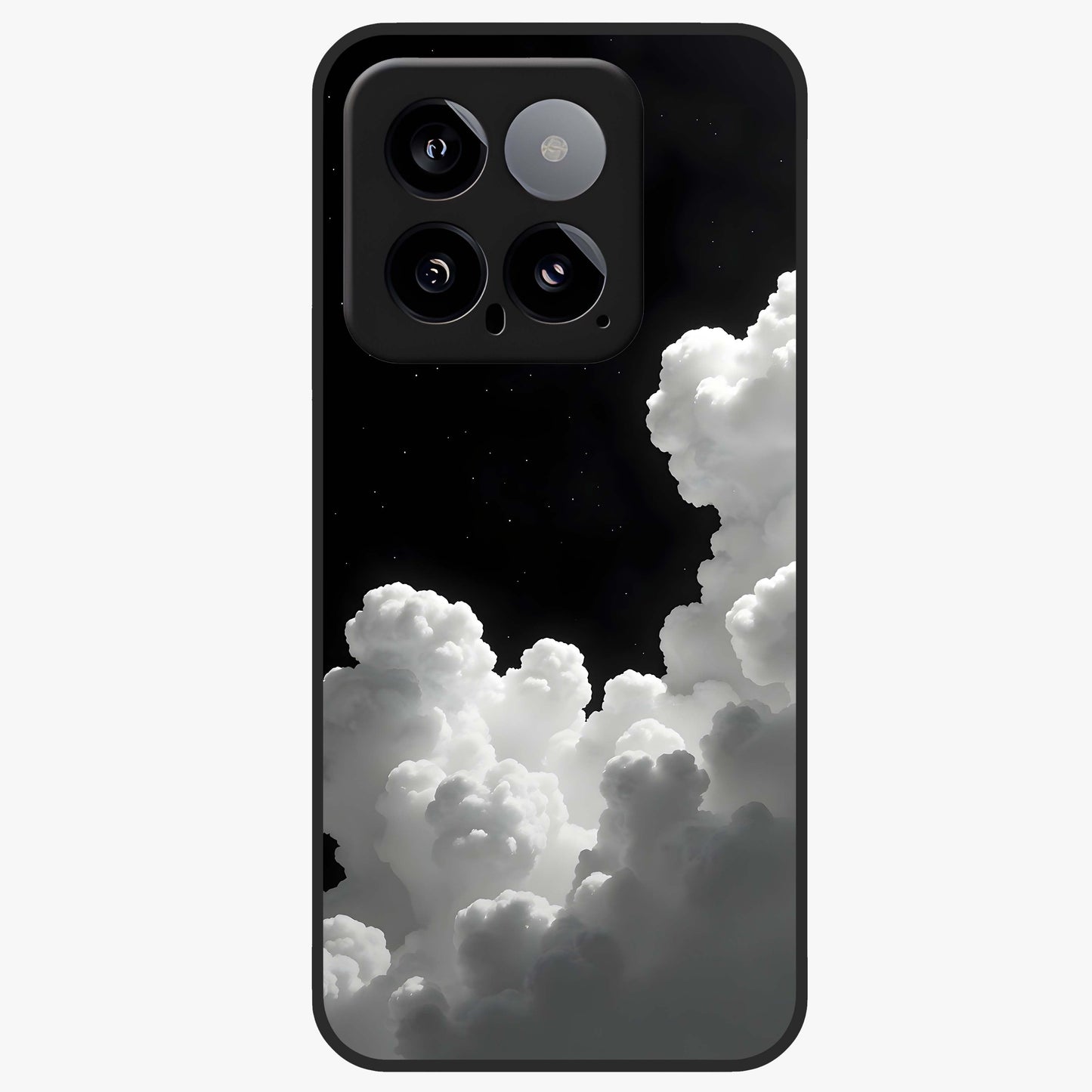 Black Background With White Cloud Glass Case showing flat back view with minimal cloud artwork on dark background and glossy glass finish.