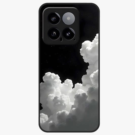 Black Background With White Cloud Glass Case showing flat back view with minimal cloud artwork on dark background and glossy glass finish.