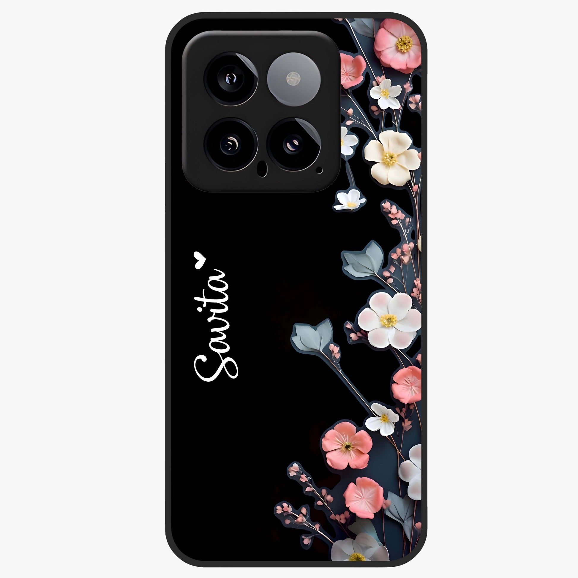 Black Elegance Floral Custom Name Glass Case showing flat back view with elegant floral artwork and personalized name design.