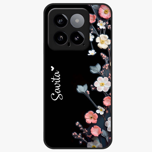 Black Elegance Floral Custom Name Glass Case showing flat back view with elegant floral artwork and personalized name design.