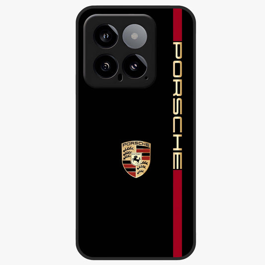 Black Minimal Porsche Glass Case showing flat back view with sleek minimal sports car artwork and glossy glass finish.
