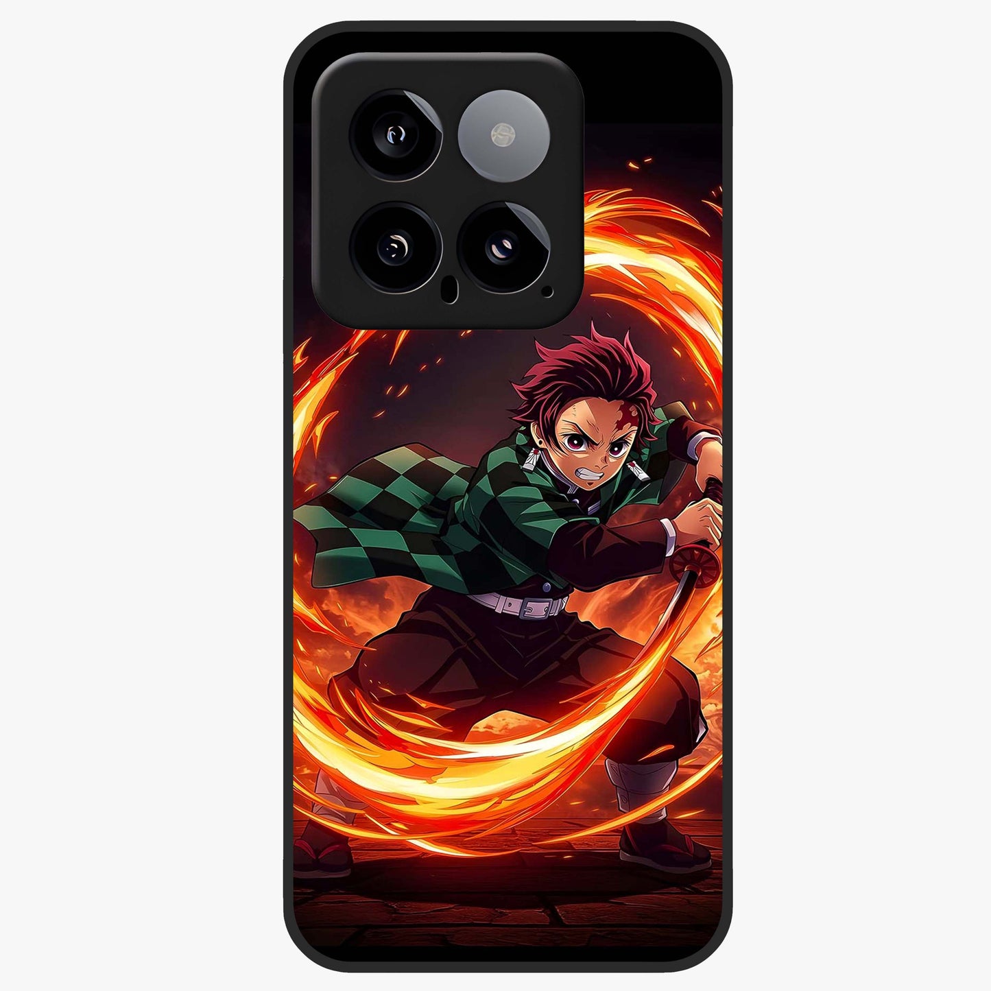 Blazing Sword Resolve Glass Case showing flat back view with fiery sword artwork and glossy glass finish.
