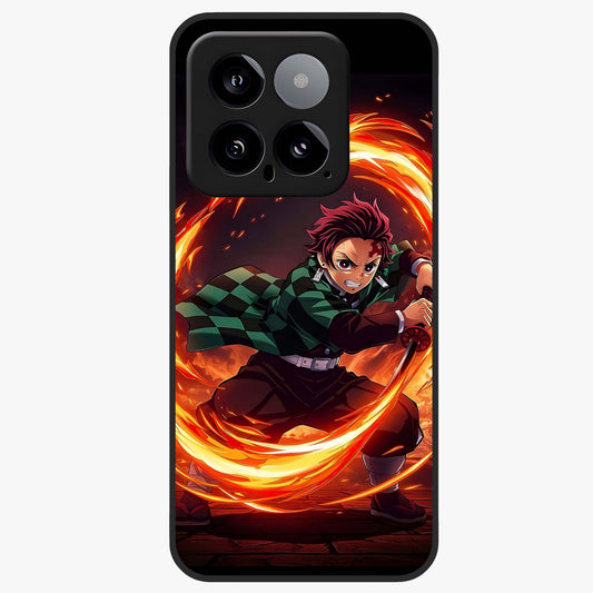 Blazing Sword Resolve Glass Case showing flat back view with fiery sword artwork and glossy glass finish.