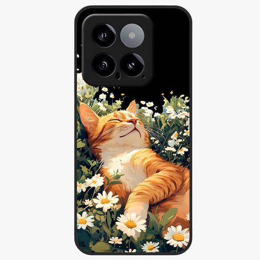 Blissful Bloom Cat Glass Case showing flat back view with cute cat and floral bloom artwork and glossy glass finish.