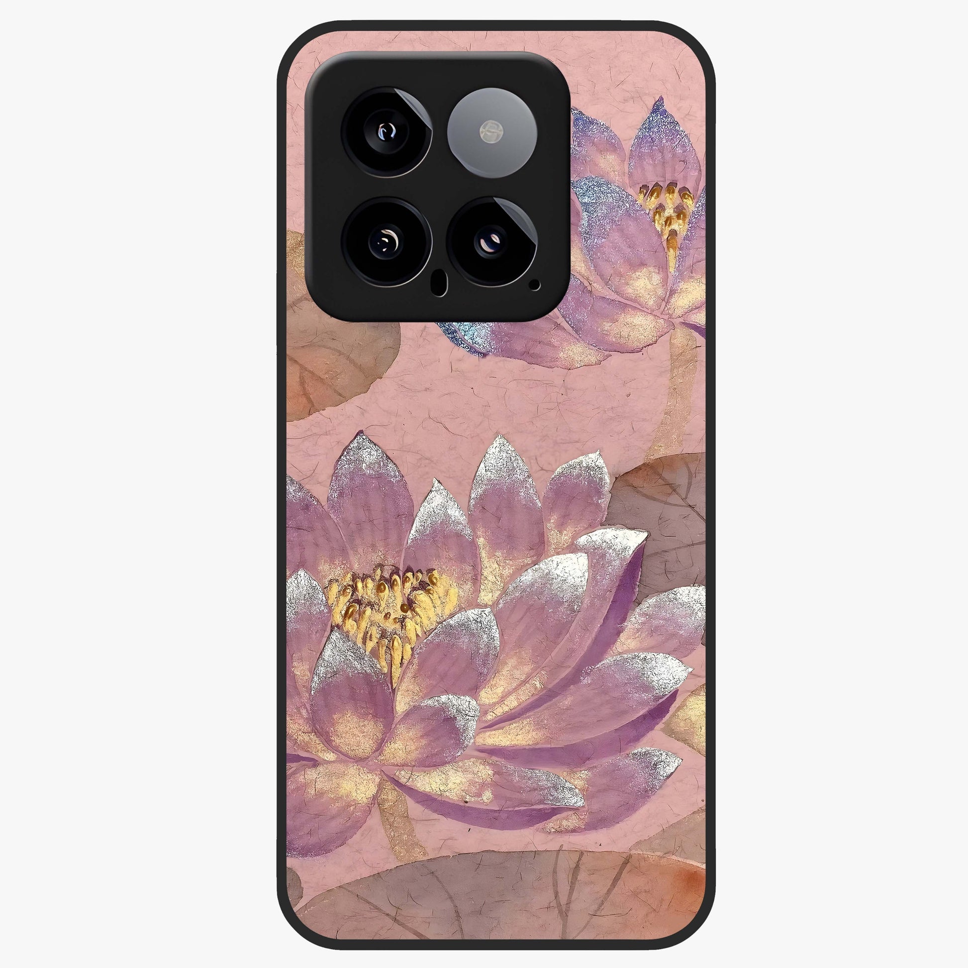 Blossom Mist Lotus Glass Case showing flat back view with serene lotus blossom artwork and glossy glass finish.
