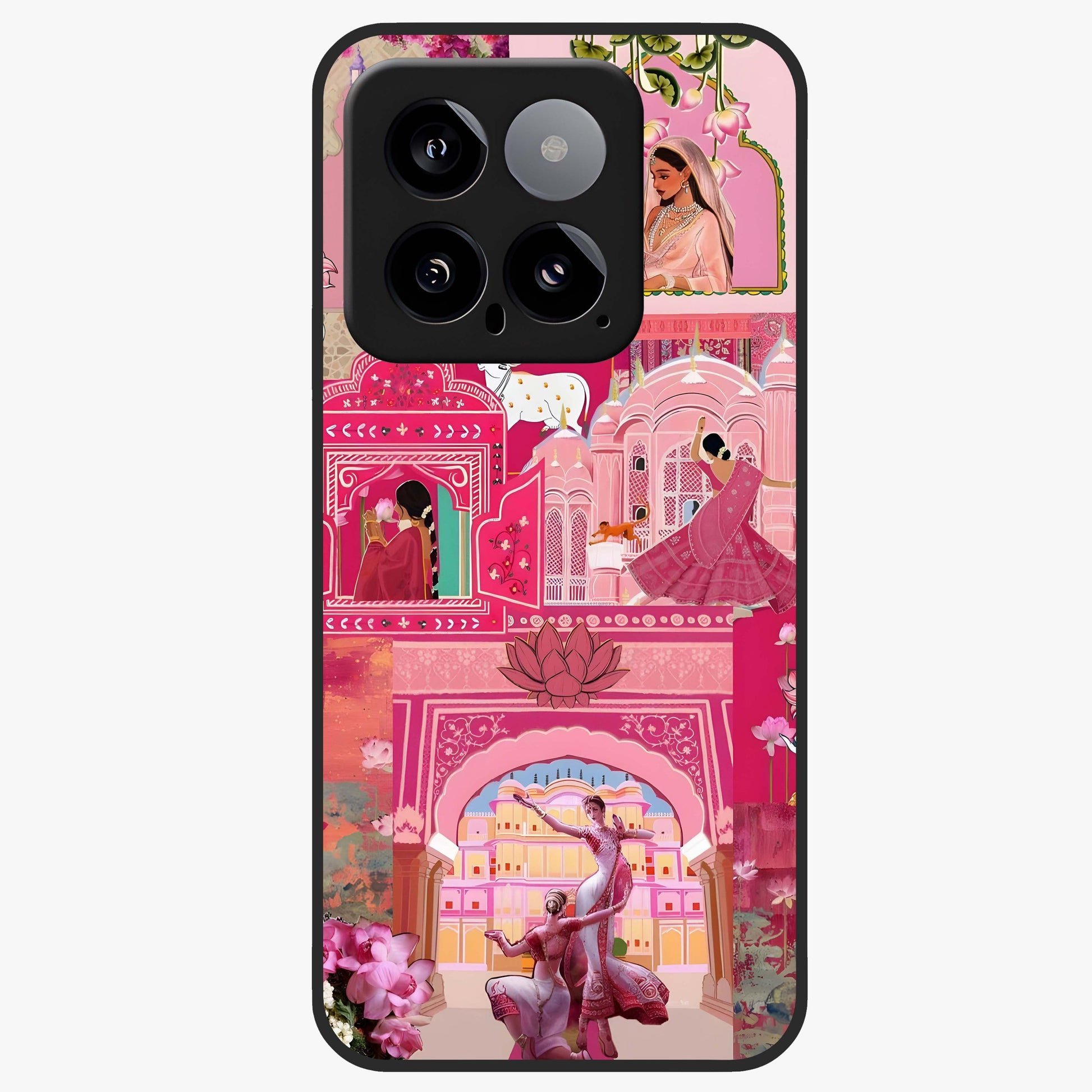 Blossoms of Rajasthan Glass Case showing flat back view with traditional floral artwork inspired by Rajasthan and glossy glass finish.