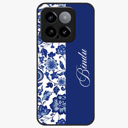 Blue Vintage Floral Pattern Glass Case upright view showcasing timeless floral illustration with vintage inspired style.
