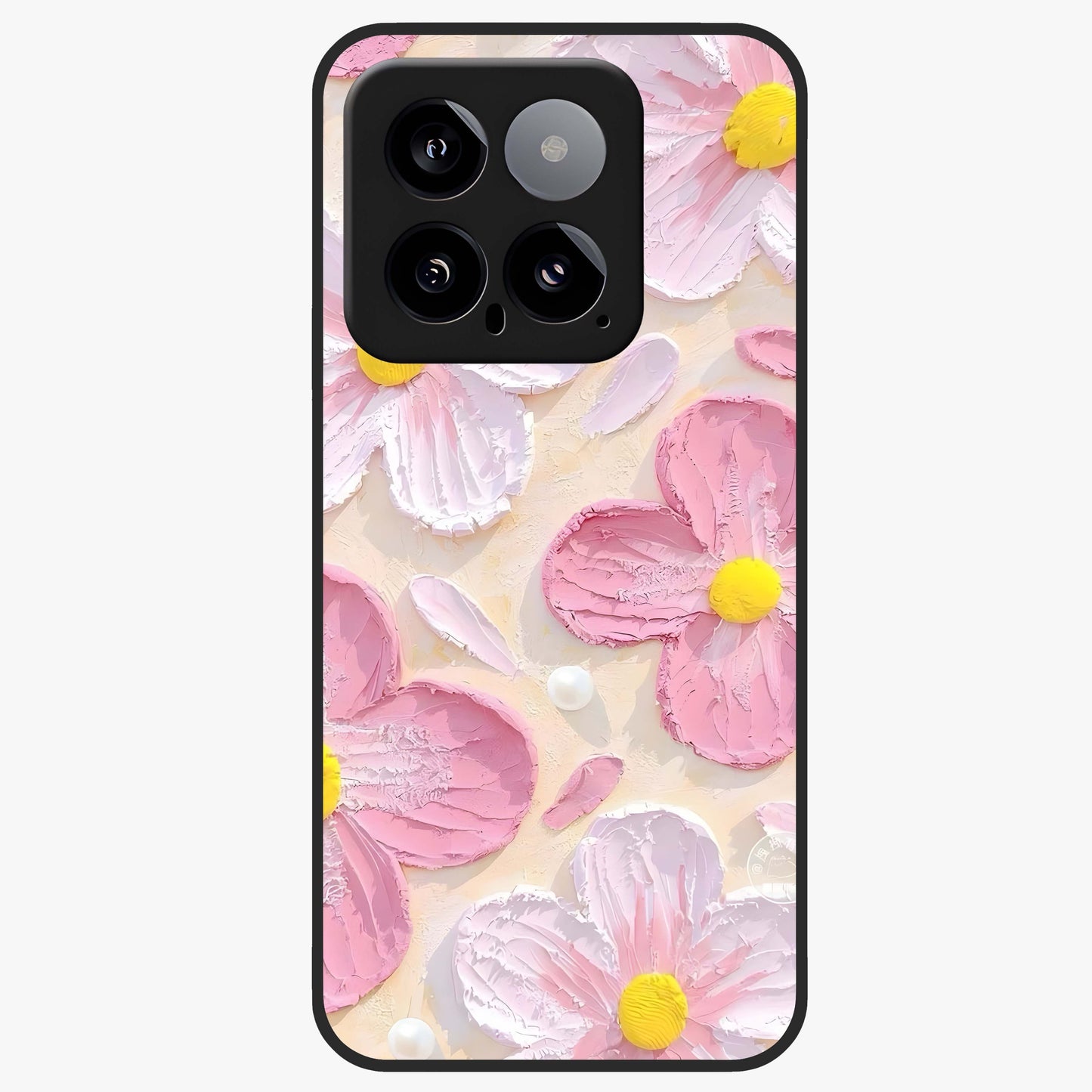 Blush Bloom Texture Glass Case showing flat back view with soft blush floral texture artwork and glossy glass finish.