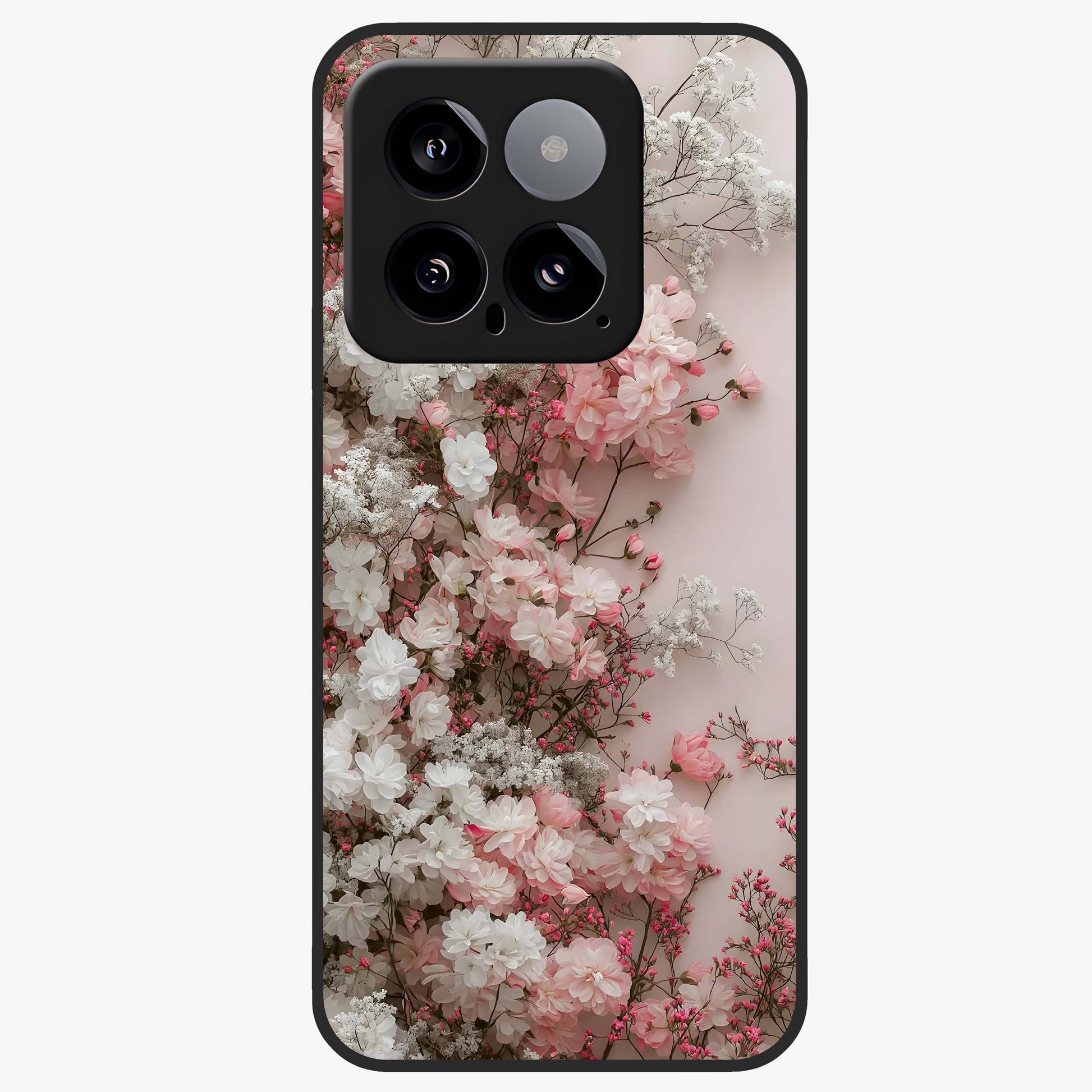 Blush Blossom Cloud Glass Case showing flat back view with dreamy blush cloud blossom artwork and glossy glass finish.