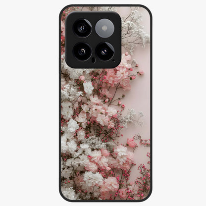 Blush Blossom Cloud Glass Case showing flat back view with dreamy blush cloud blossom artwork and glossy glass finish.