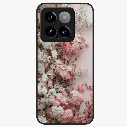 Blush Blossom Cloud Glass Case showing flat back view with dreamy blush cloud blossom artwork and glossy glass finish.