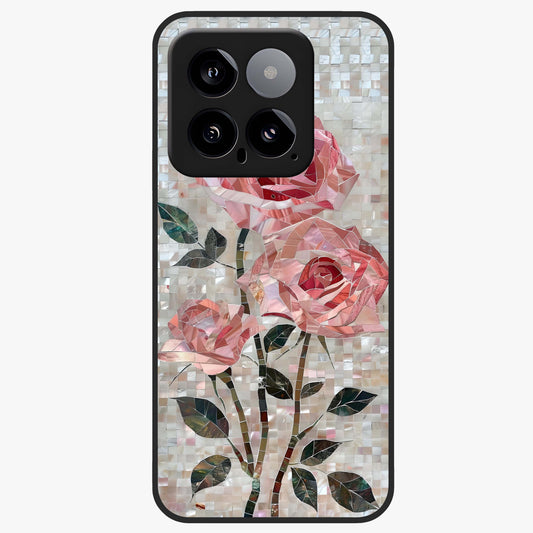 Blush Mosaic Bloom Glass Case showing flat back view with mosaic floral bloom artwork and glossy glass finish.