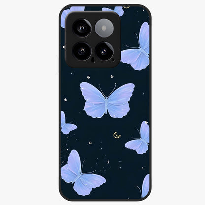 Butterfly With Stars Pattern Glass Case showing flat back view with butterfly and star pattern artwork and glossy glass finish.