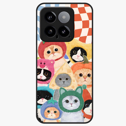 Cats in Fruits Glass Case showing flat back view with playful cat illustrations inside fruit artwork and glossy glass finish.
