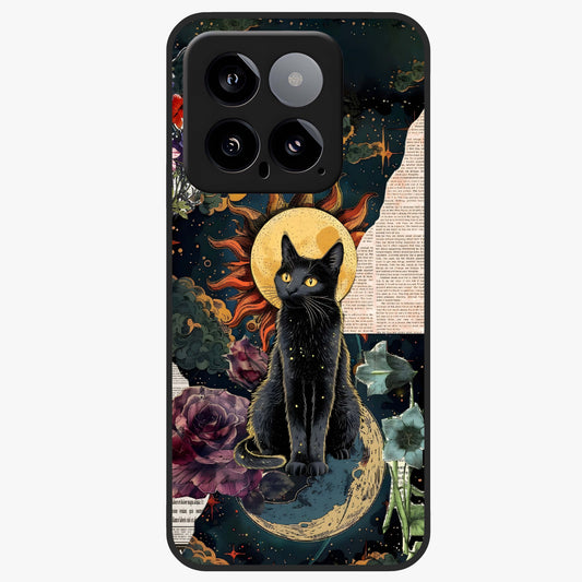 Celestial Black Cat Glass Case showing flat back view with mystical black cat artwork and glossy glass finish.