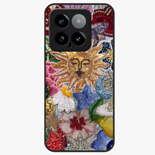 Celestial Floral and Playful Glass Case showing flat back view with floral and celestial themed artwork and glossy glass finish.