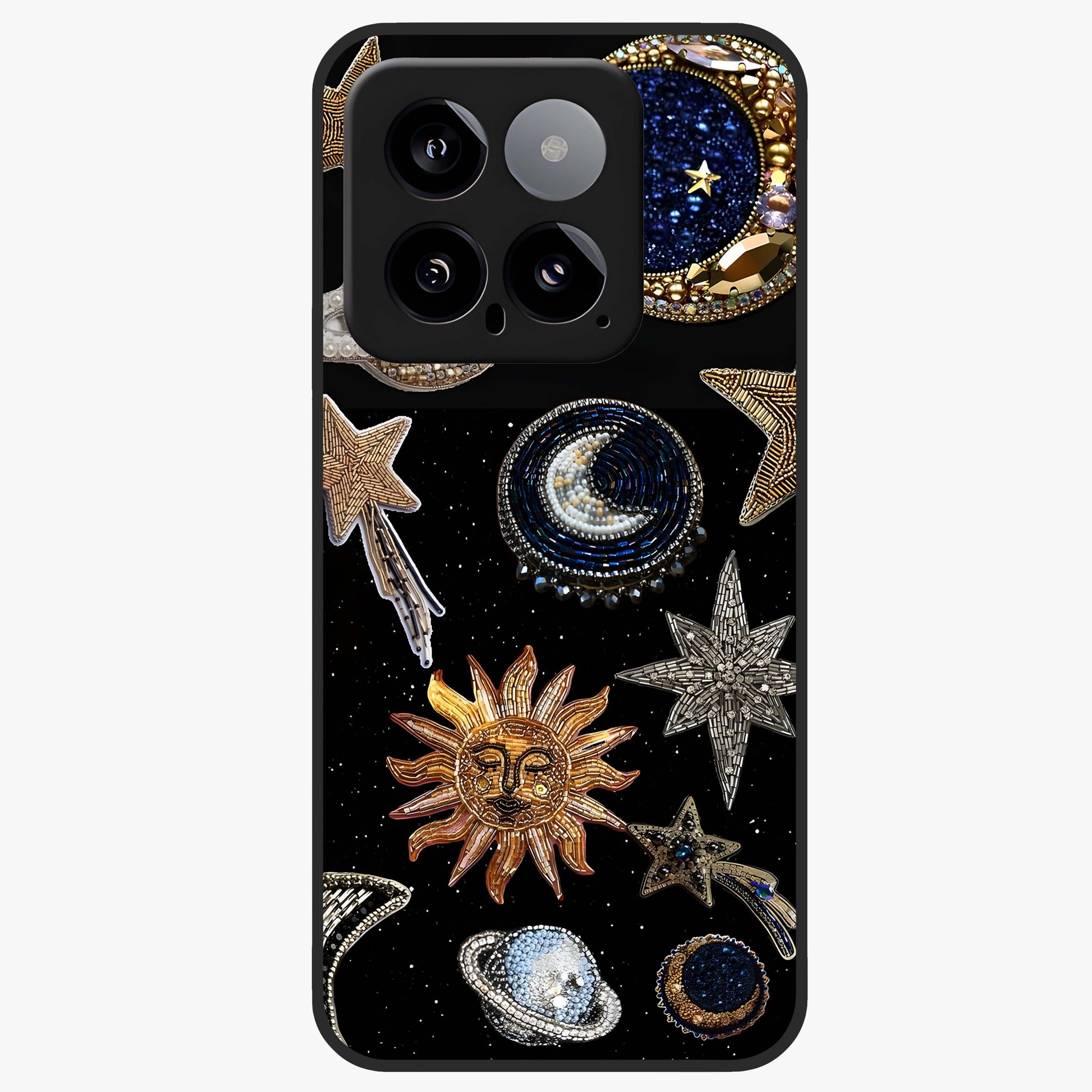 Celestial Gem Constellations Glass Case showing flat back view with sparkling constellation artwork and glossy glass finish.