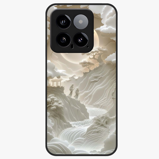 Celestial Origami Glass Case showing flat back view with artistic origami inspired celestial artwork and glossy glass finish.
