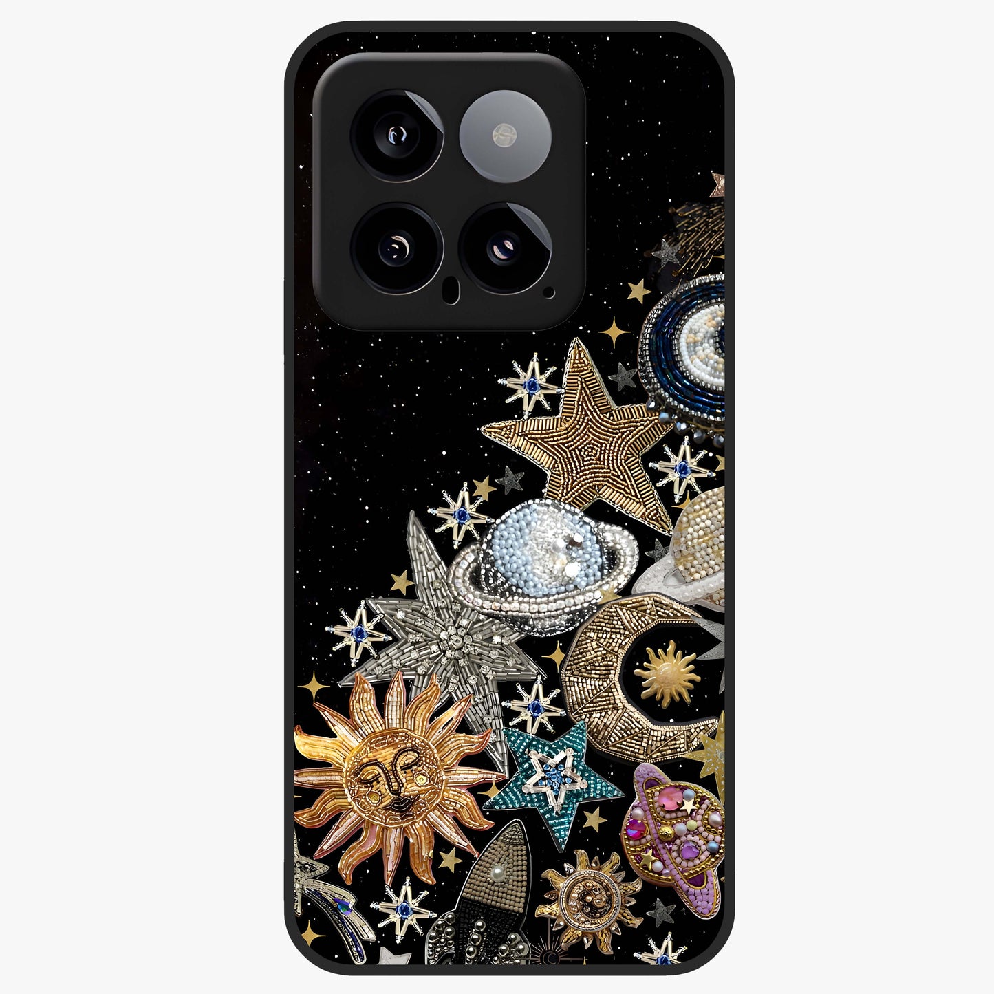Cosmic Sparkle Dreams Glass Case showing flat back view with sparkling cosmic artwork and glossy glass finish.