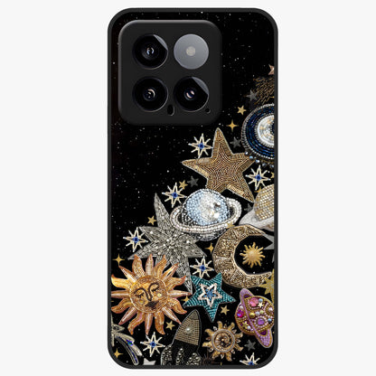Cosmic Sparkle Dreams Glass Case showing flat back view with sparkling cosmic artwork and glossy glass finish.