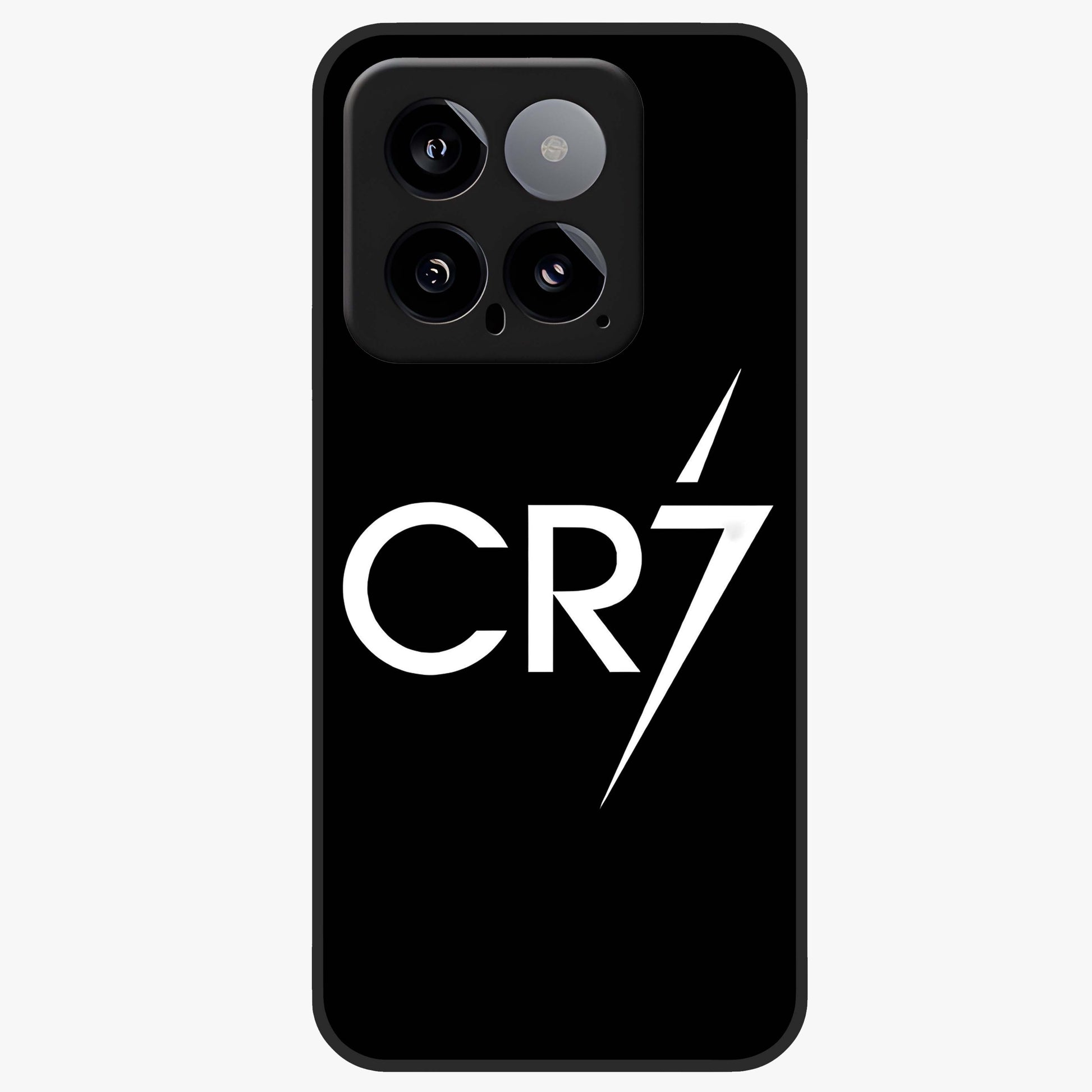 Cr7 Elite Strike Glass Case showing flat back view with dynamic football inspired artwork and glossy glass finish.