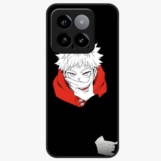 Crimson Chaos Smile Glass Case showing flat back view with bold chaotic smile artwork and glossy glass finish.