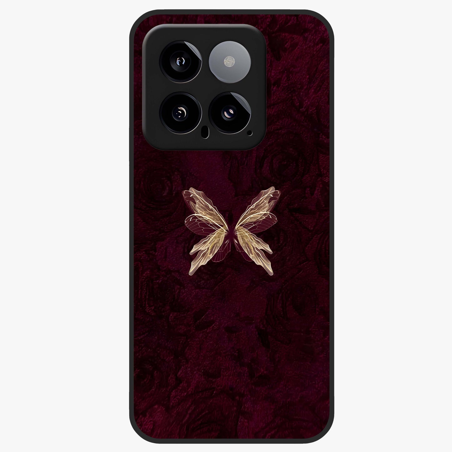 Crimson Fade Butterfly Glass Case showing flat back view with fading butterfly artwork and glossy glass finish.