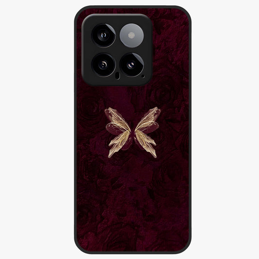 Crimson Fade Butterfly Glass Case showing flat back view with fading butterfly artwork and glossy glass finish.