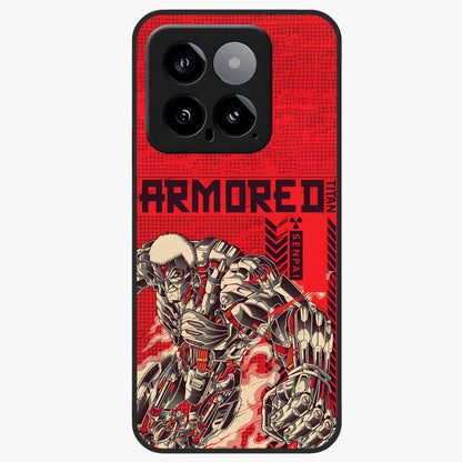 Crimson Mecha Titan Glass Case showing flat back view with powerful mech titan artwork and glossy glass finish.