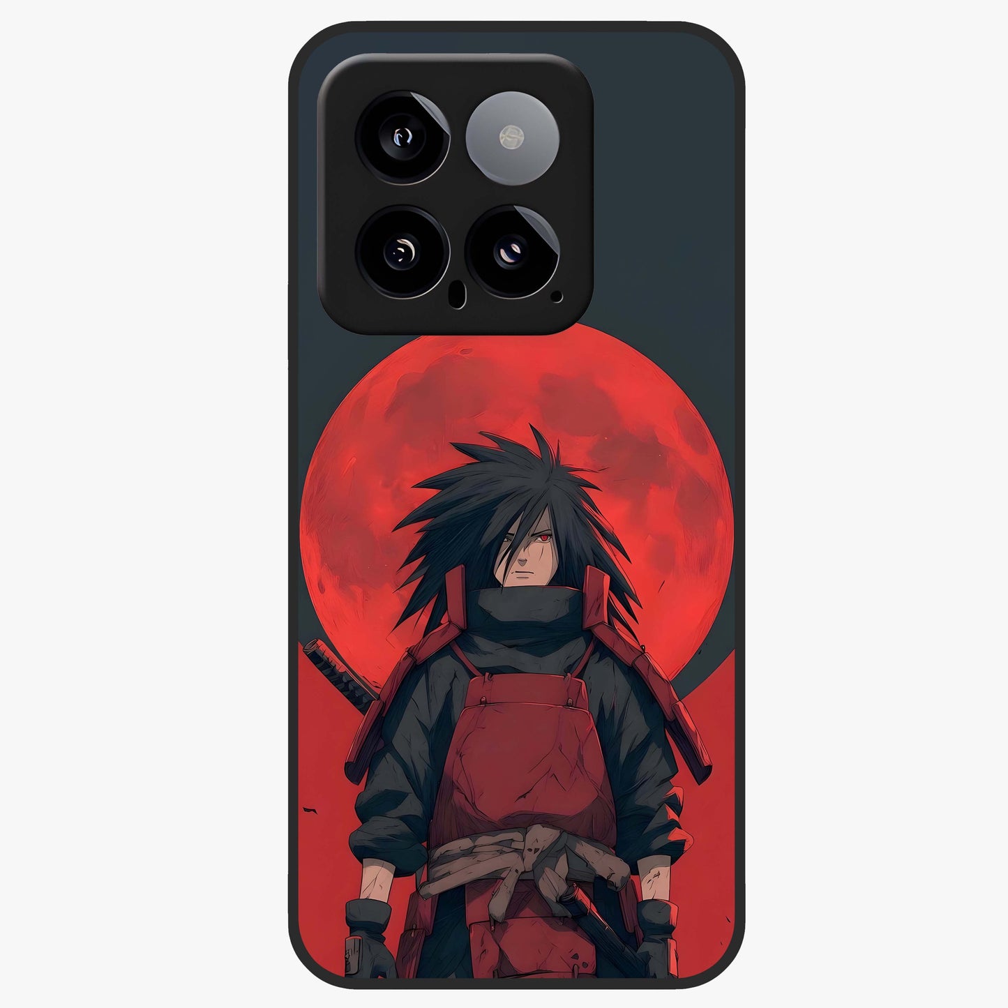 Crimson Moon Warlord Glass Case showing flat back view with mystical moon warrior artwork and glossy glass finish.