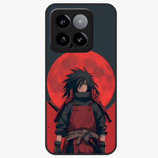 Crimson Moon Warlord Glass Case showing flat back view with mystical moon warrior artwork and glossy glass finish.