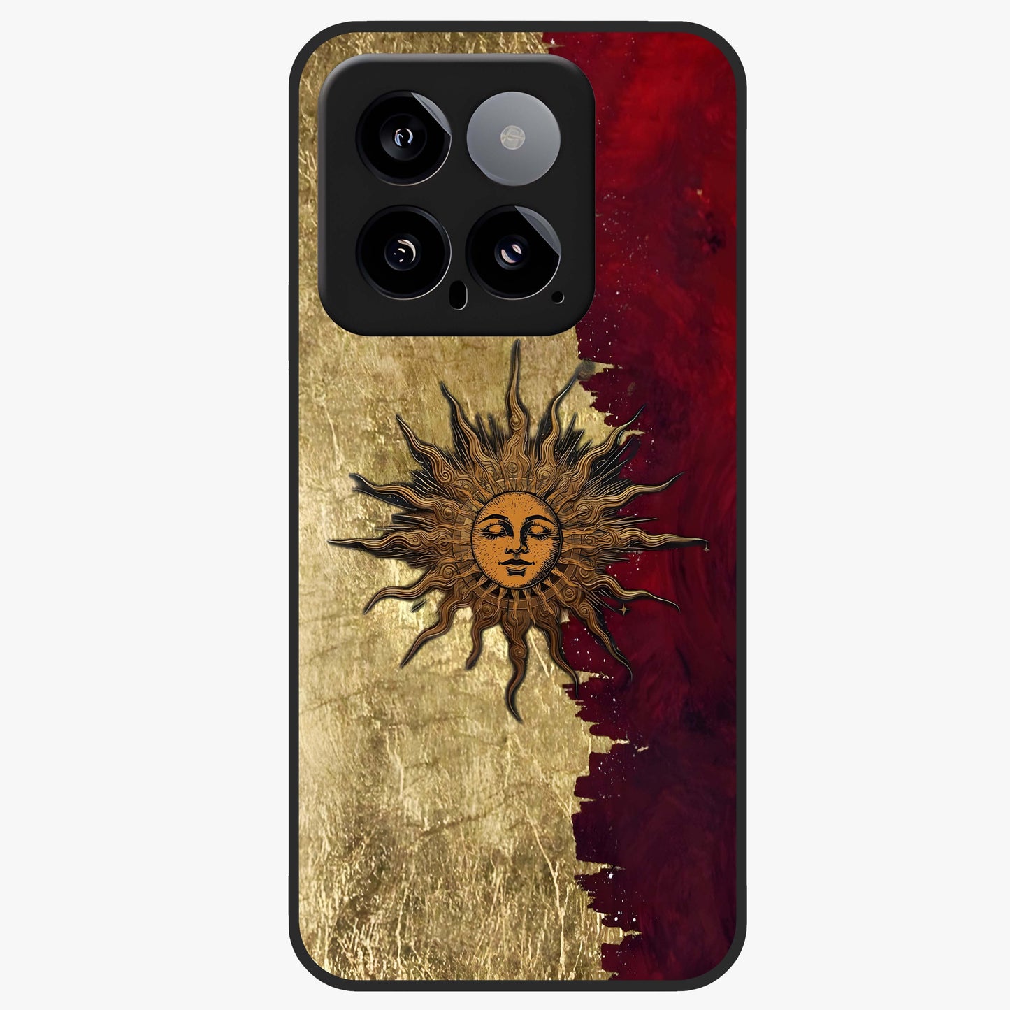 Crimson Sun Majesty Glass Case showing flat back view with radiant sun inspired artwork and glossy glass finish.