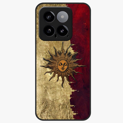 Crimson Sun Majesty Glass Case showing flat back view with radiant sun inspired artwork and glossy glass finish.