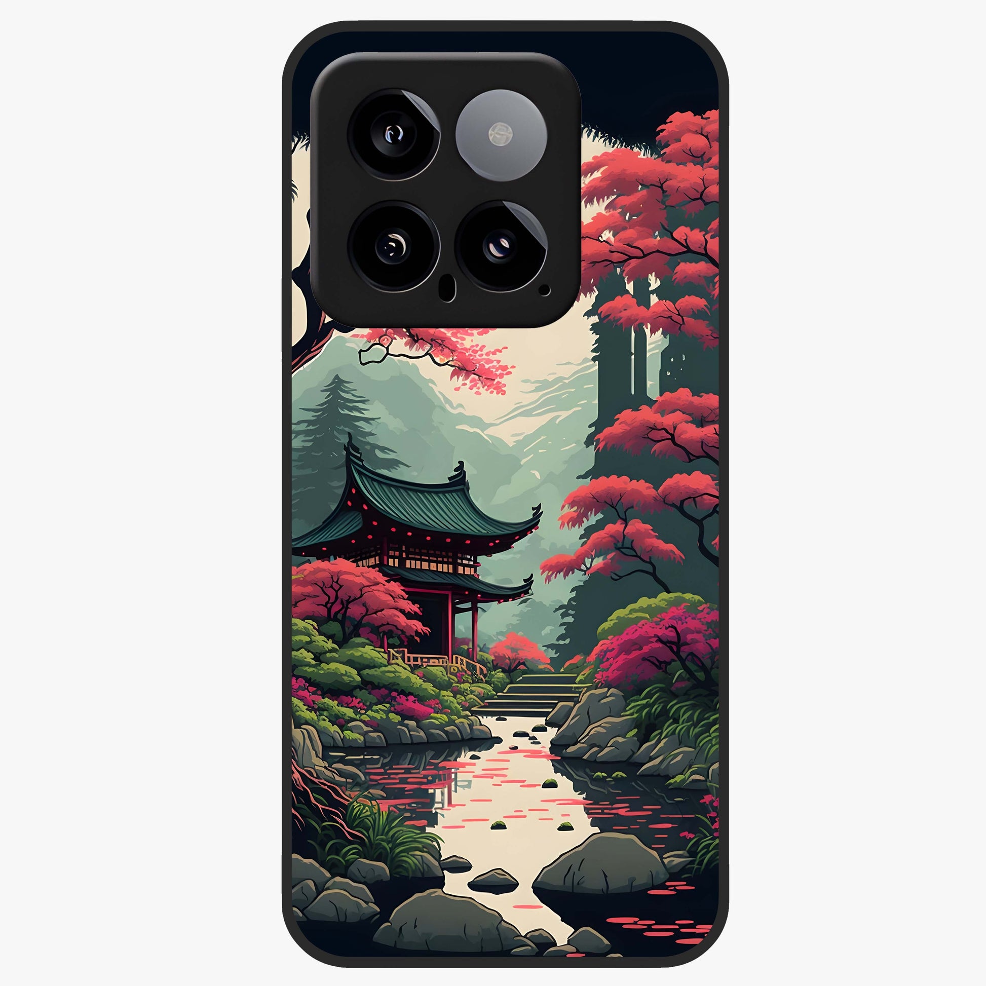 Crimson Temple View Glass Case showing flat back view with temple inspired artwork and glossy glass finish.