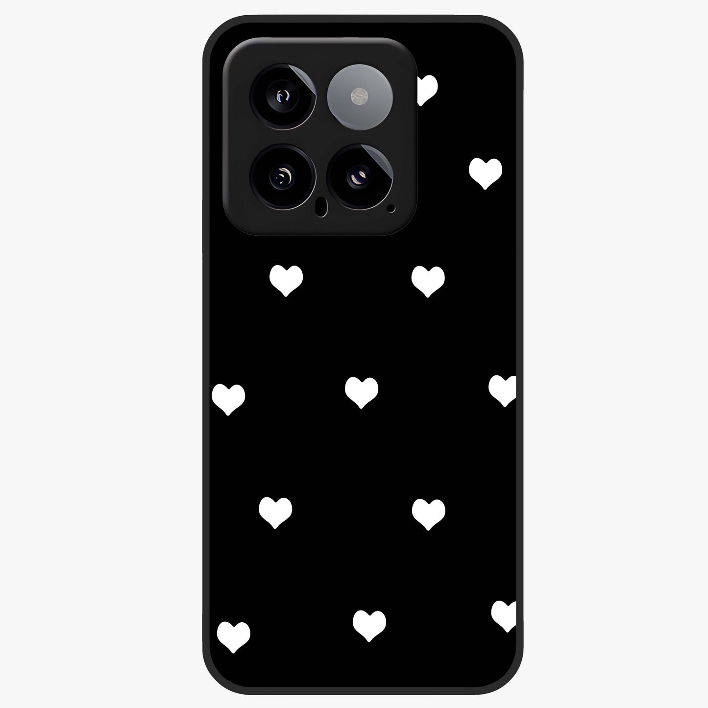 Cute And Simple White Hearts Glass Case showing flat back view with minimal white heart pattern and glossy glass finish.