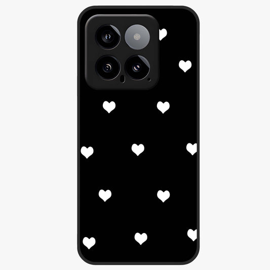 Cute And Simple White Hearts Glass Case showing flat back view with minimal white heart pattern and glossy glass finish.