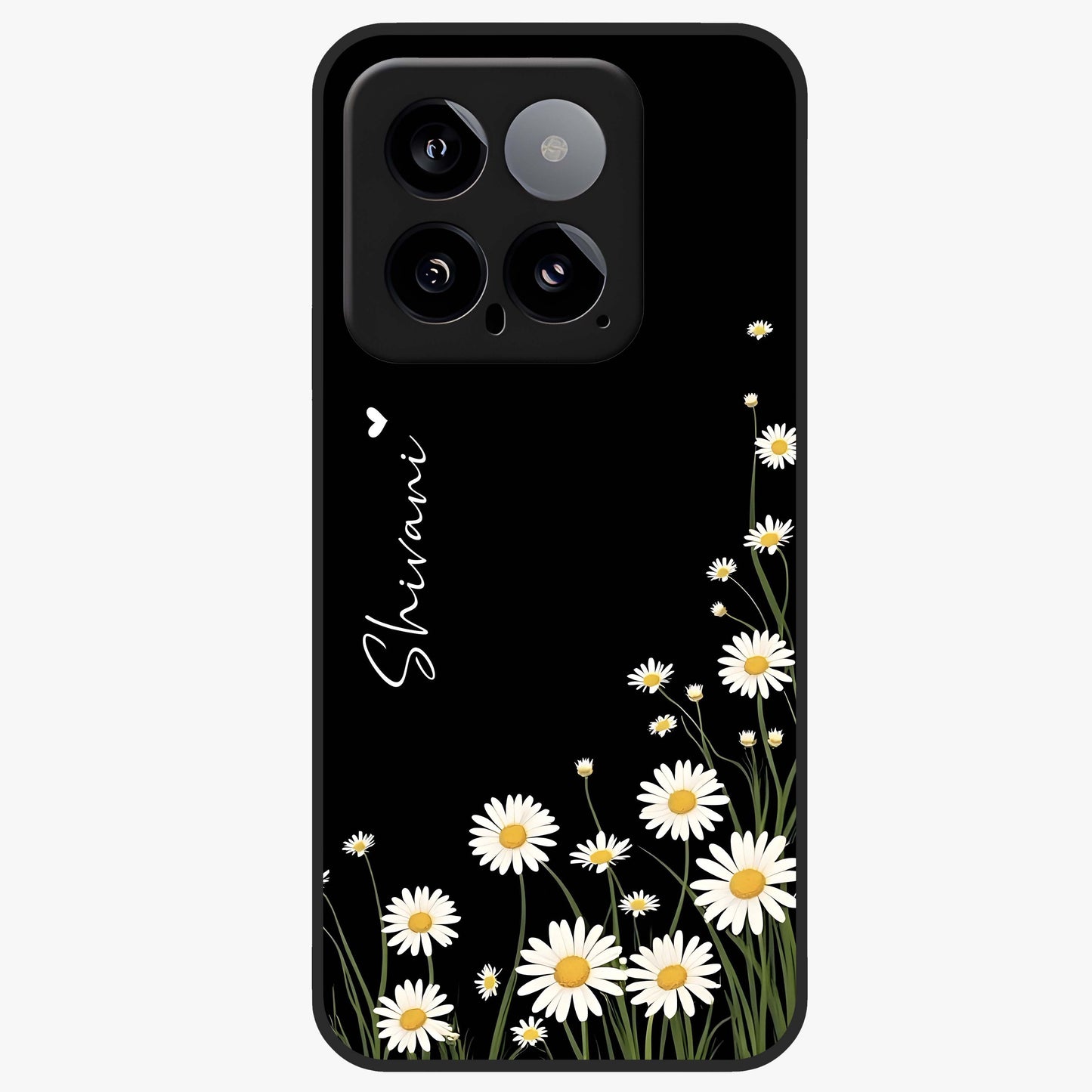 Daisy Cascade Custom Name Glass Case showing flat back view with cascading daisy flowers and personalized name design.