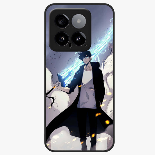 Dark Lightning Anime Warrior Glass Case showing flat back view with intense anime warrior artwork and glossy glass finish.
