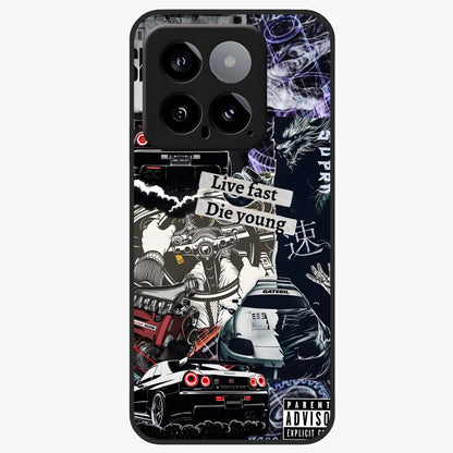 Die Young Glass Case showing flat back view with bold artistic typography design and glossy glass finish.