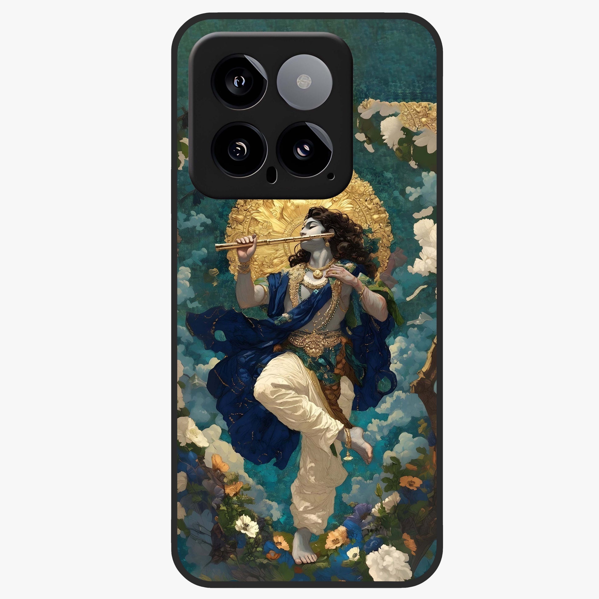 Divine Krishna Art Glass Case showing flat back view with Lord Krishna artwork and glossy glass finish.