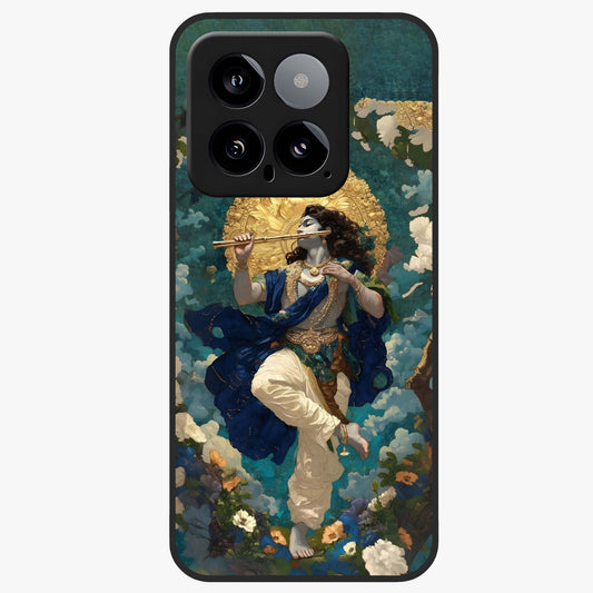Divine Krishna Art Glass Case showing flat back view with Lord Krishna artwork and glossy glass finish.