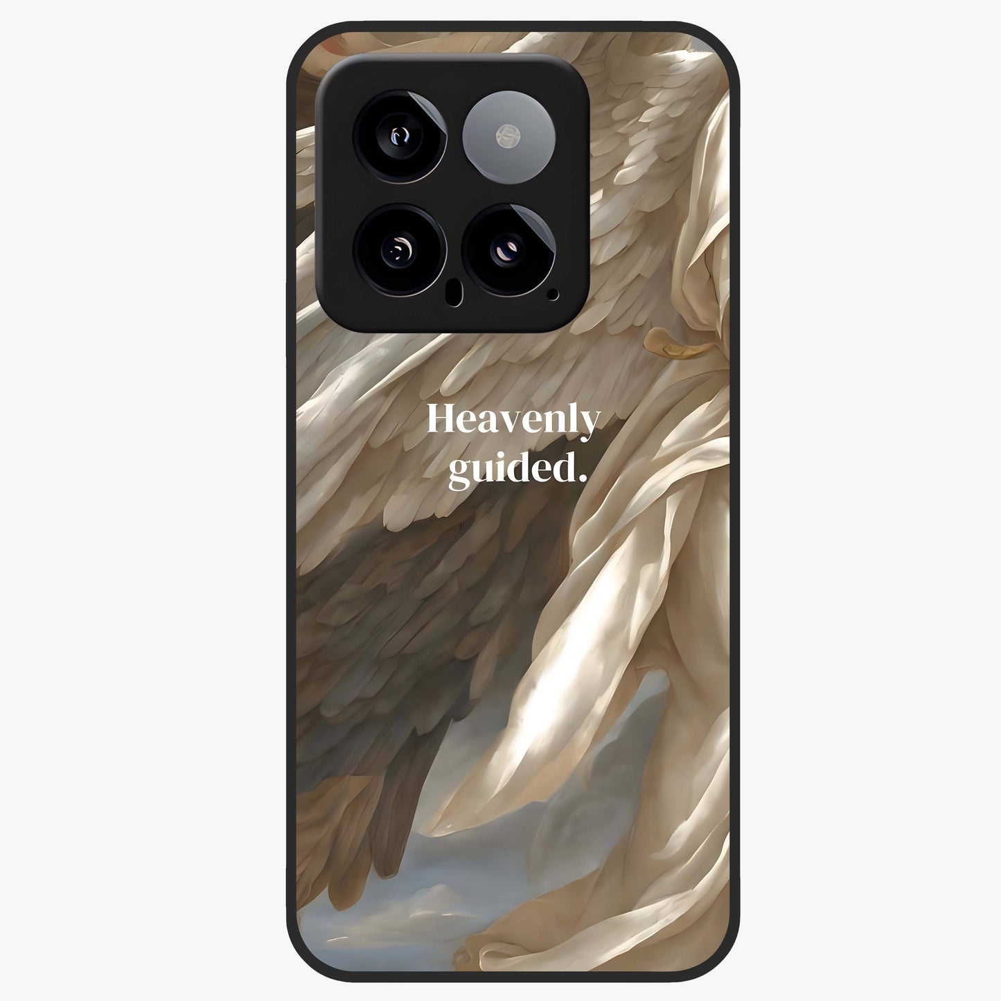 Divine Winged Grace Glass Case showing flat back view with elegant wing inspired artwork and glossy glass finish.
