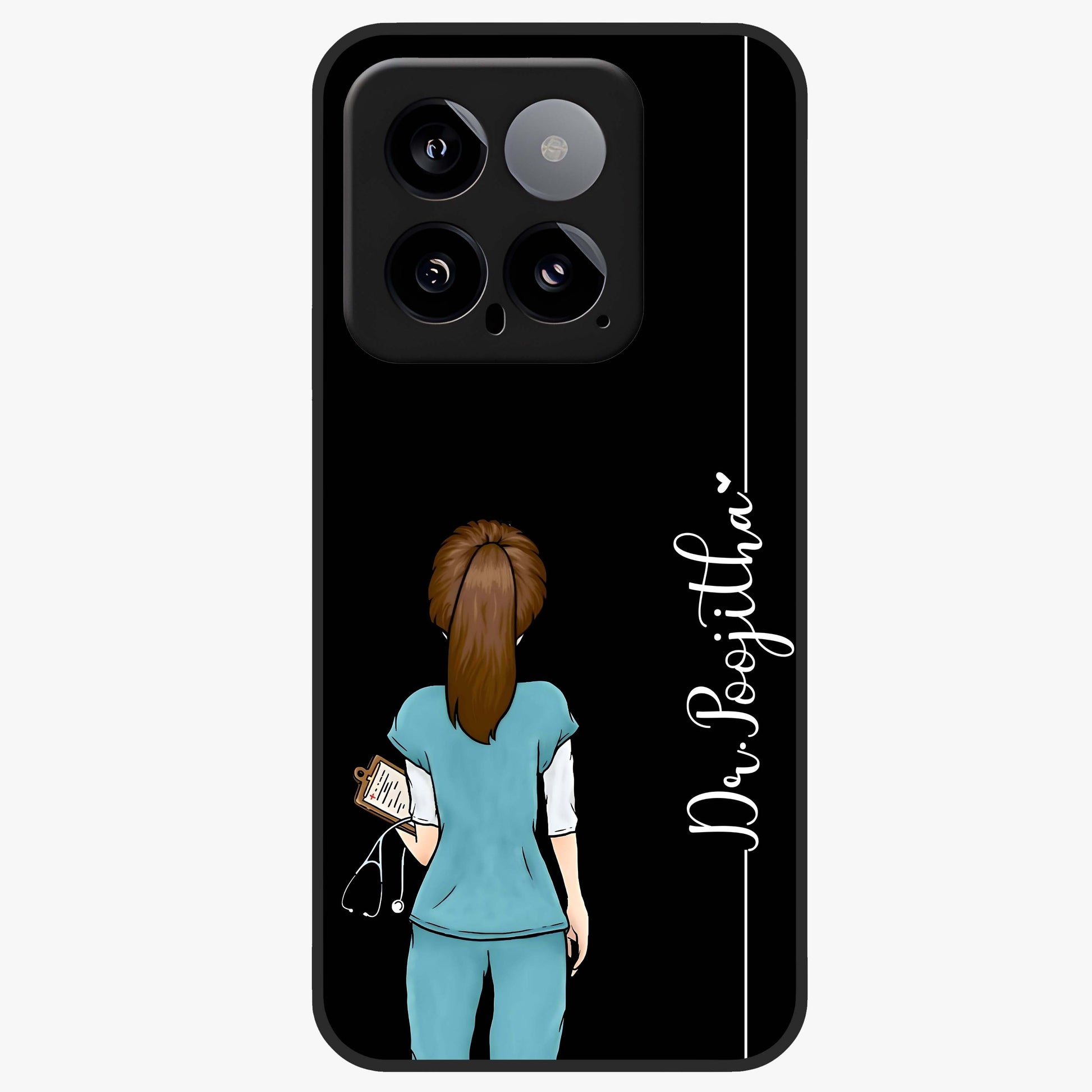 Doctor Pattern Custom Name Glass Case showing flat back view with medical themed pattern and personalized name design.