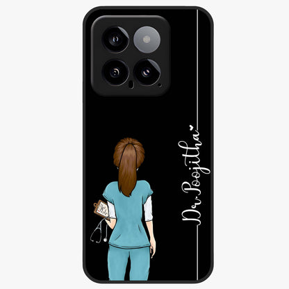 Doctor Pattern Custom Name Glass Case showing flat back view with medical themed pattern and personalized name design.